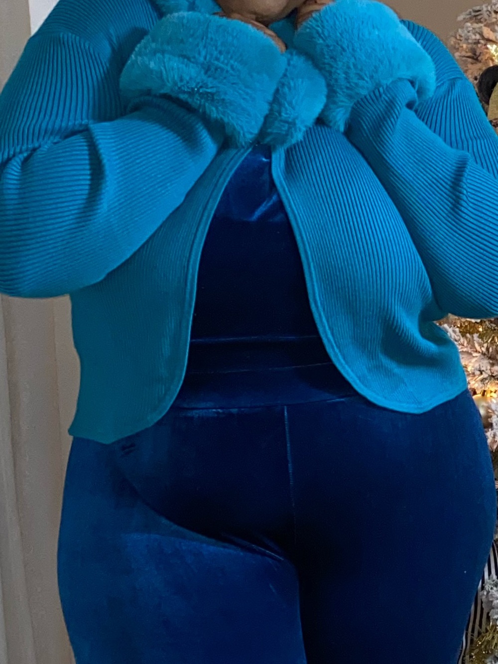Fashion Nova “Be Fur Real” Teal Blue Cropped Cardigan (Sweater Only)